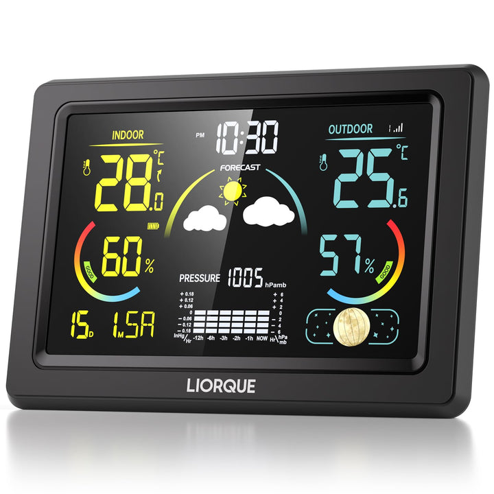 LIORQUE Wetterstation Funk mit Aussensensor, DCF Funkuhr, Funkwetterstation mit Wettervorhersage, In