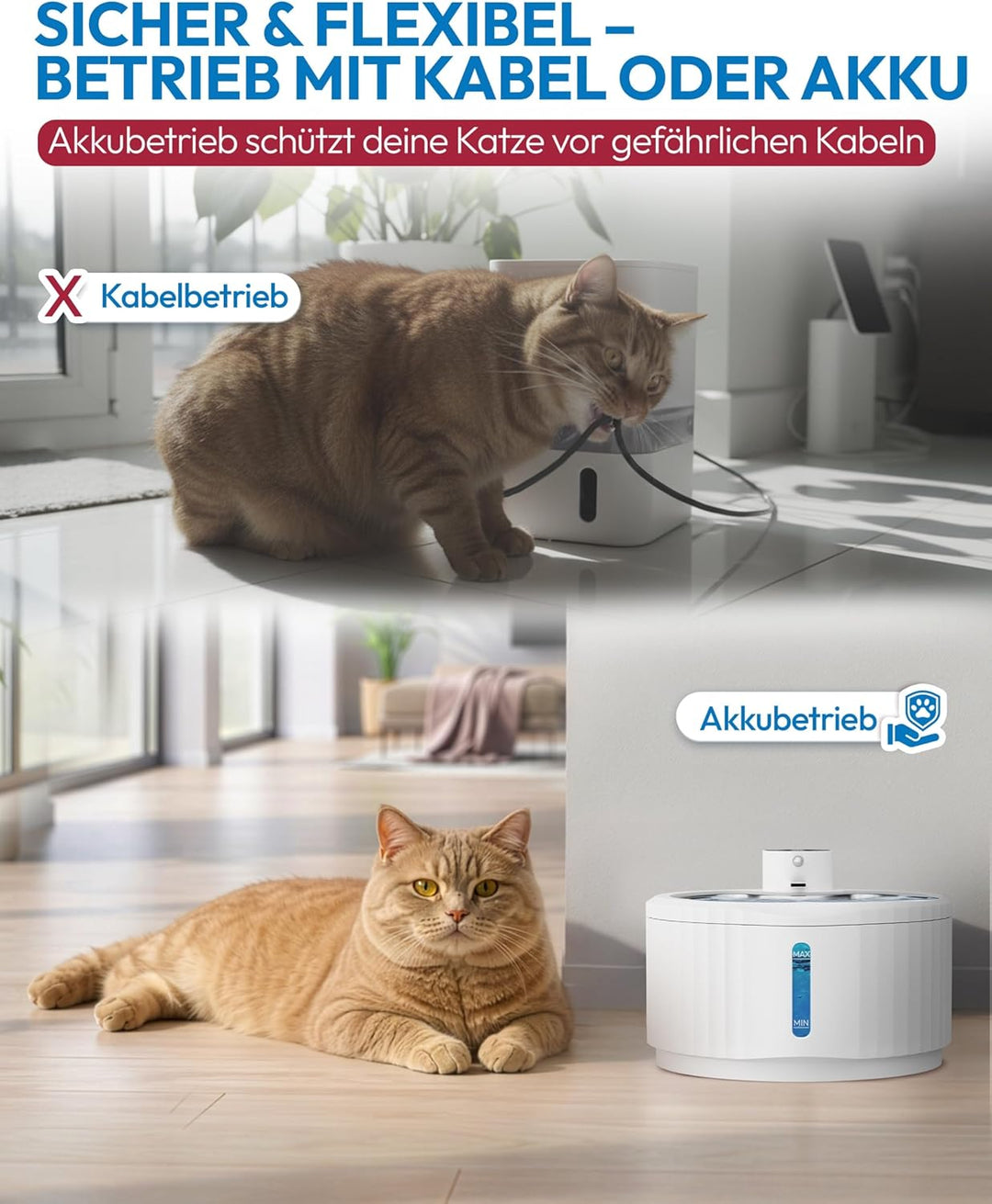 Miaura® Katzenbrunnen kabellos und super leise - Trinkbrunnen für Katze 2.8L Kapazität - Katzen Trin