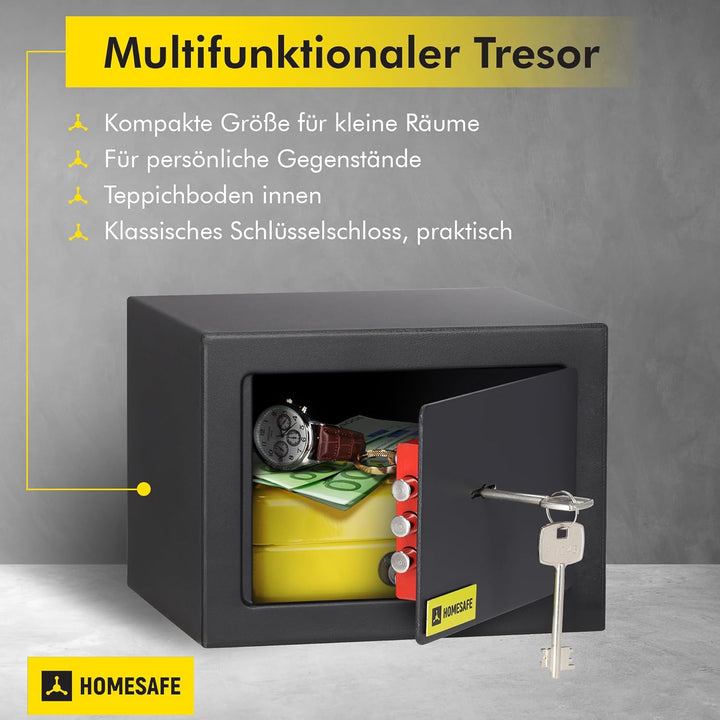 Homesafe HV15K Tresor Safe mit Schlüssel-Schloss, 15x20x17cm (HxWxD ), Carbon Satin Schwarz, 15x20x1