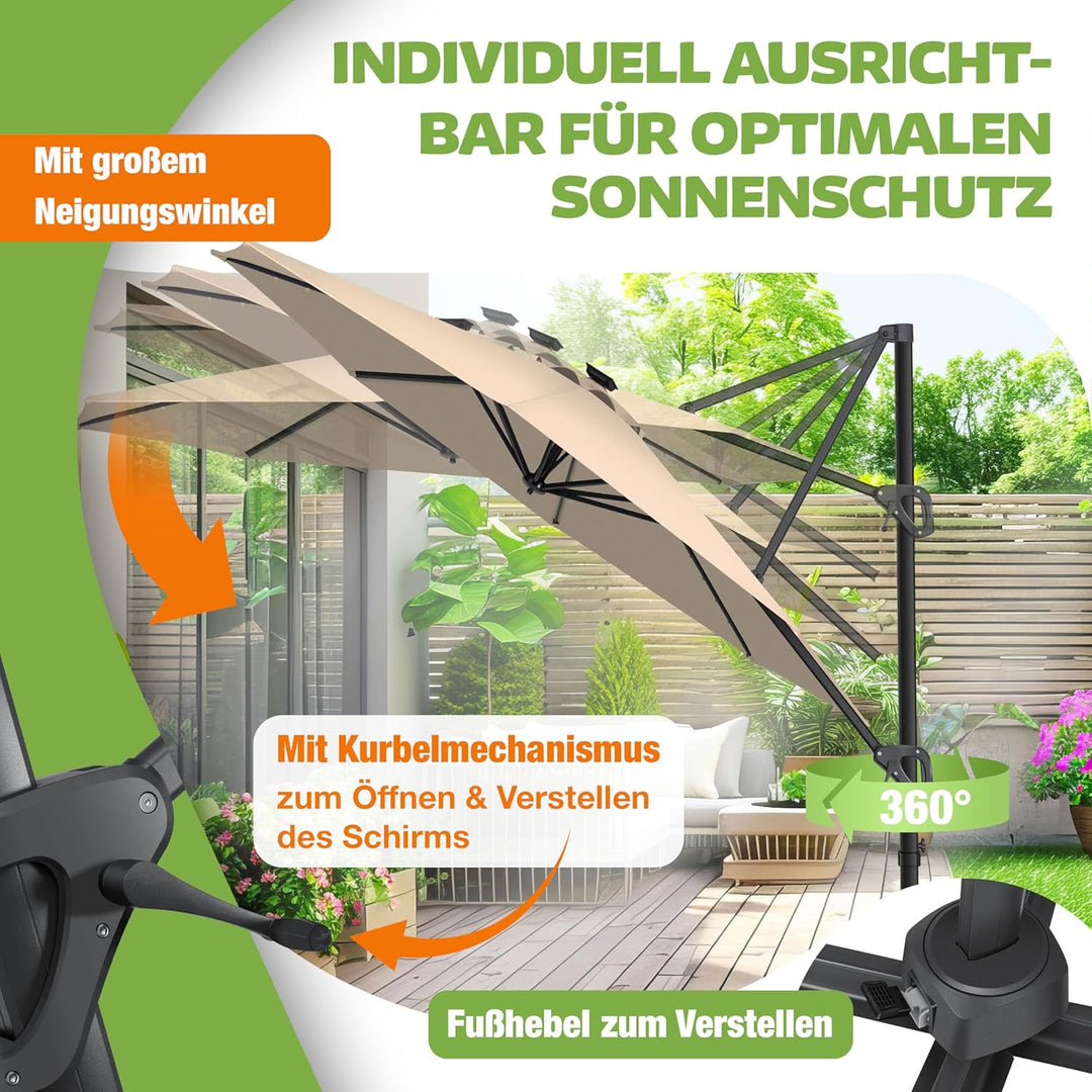 KESSER® Sonnenschirm Ampelschirm SUN Rund XL Ø330 cm Inkl. Abdeckung + Windsicherung 7-Fach Verstell