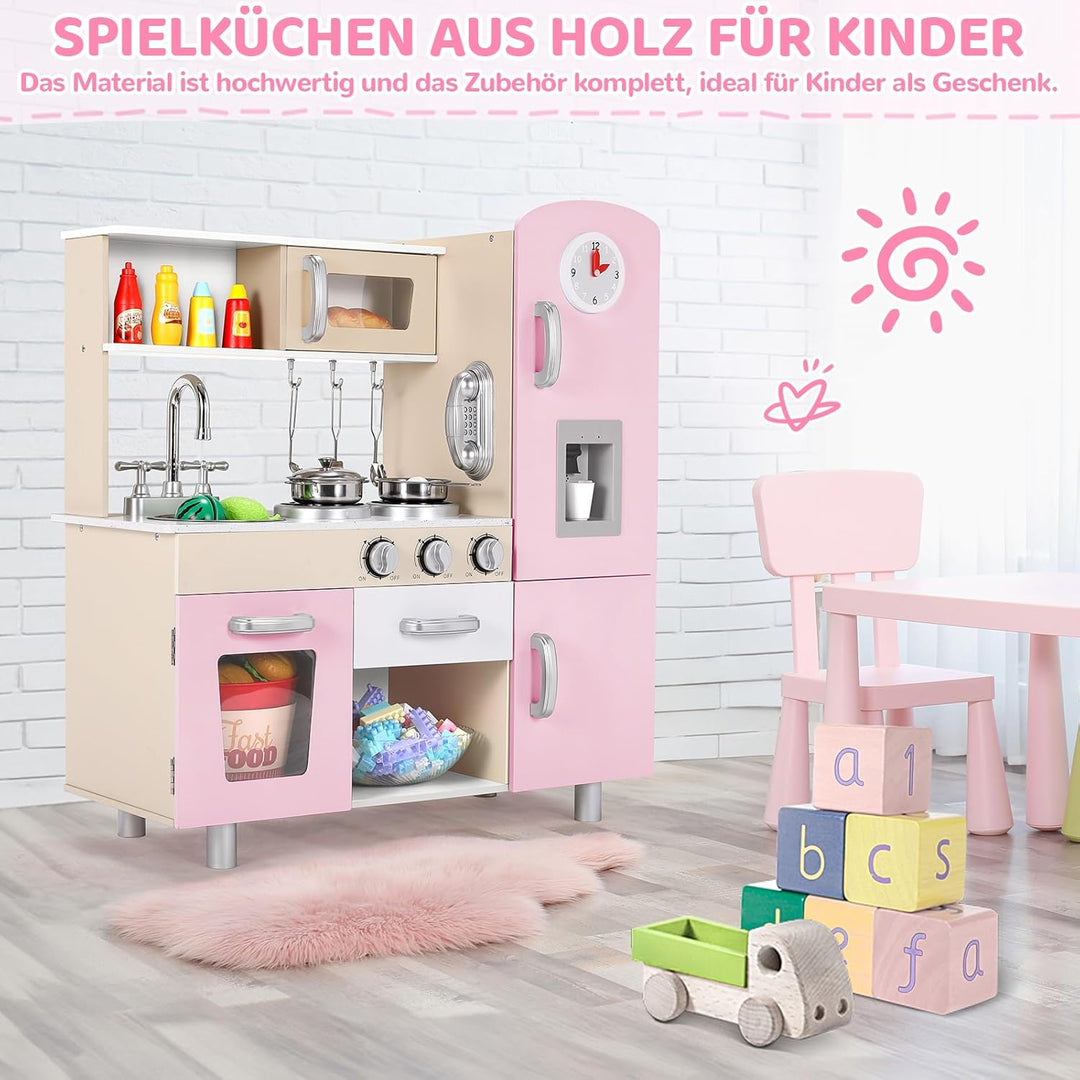 MAMIZO Kinderküche mit Licht und Sound, Puppenküche Holz, kinderküchen mit Herd, Eismaschine, Telefo