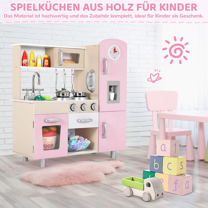 MAMIZO Kinderküche mit Licht und Sound, Puppenküche Holz, kinderküchen mit Herd, Eismaschine, Telefo