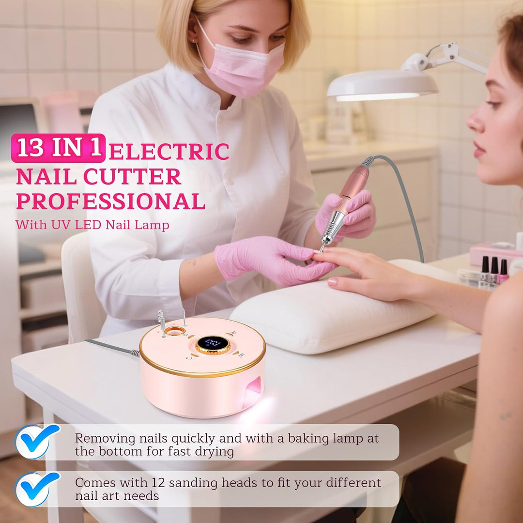 Nagelfräser Akku mit UV-Nageltrockner, 35000U/min Nagelfräser für Gelnägel, 13-in-1 Elektrisch Nagel