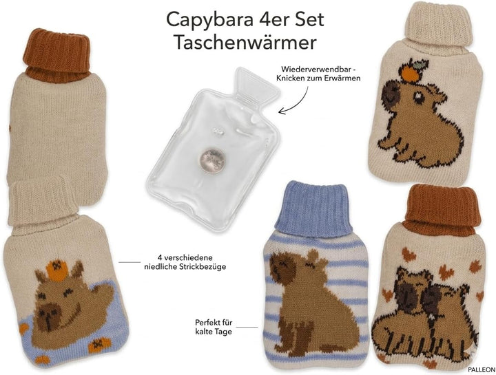 Palleon Capybara Taschenwärmer 4er Set - Knick Handwärmer | Wiederverwendbare Handwärmer mit Strickü