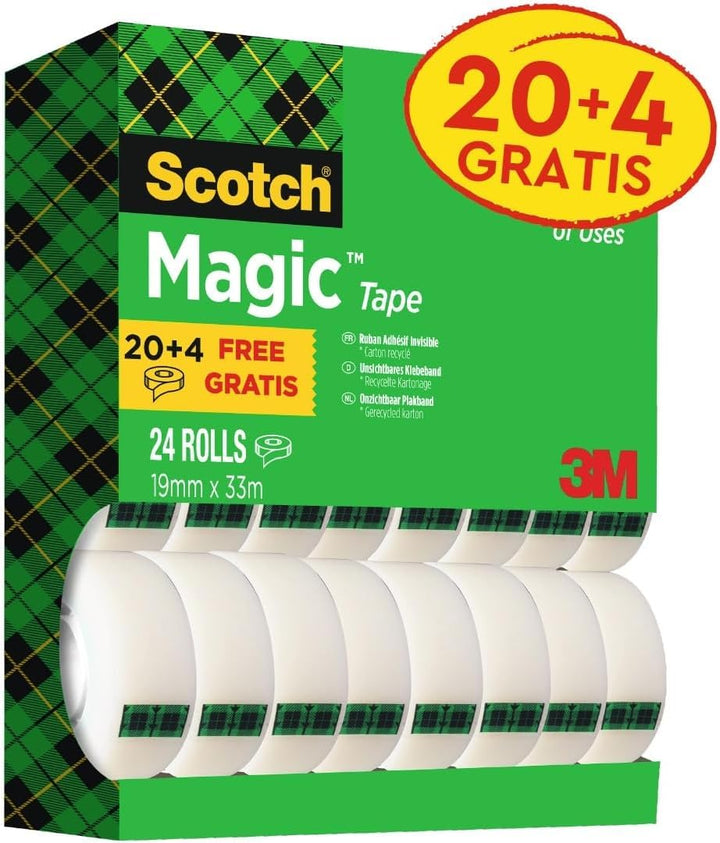 Scotch Magic Tape - Vorteilspack, 24 Rollen, 19 mm x 33 m - Unsichtbares Klebeband für allgemeine Zw