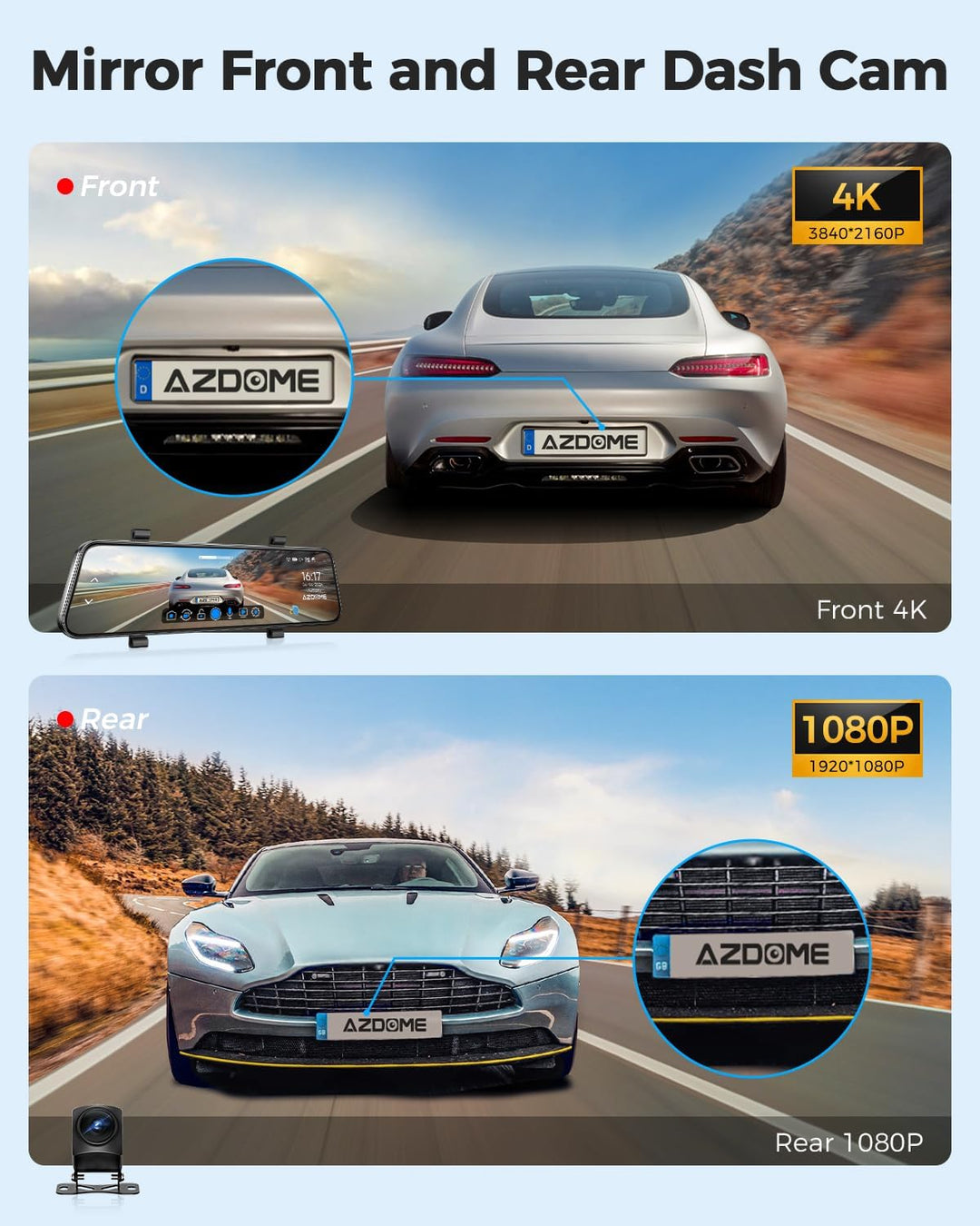 AZDOME 11.8" Spiegel Dashcam mit Rückfahrkamera & GPS, Super Nachtsicht, Loop-Aufnahme, G-Sensor, Ei