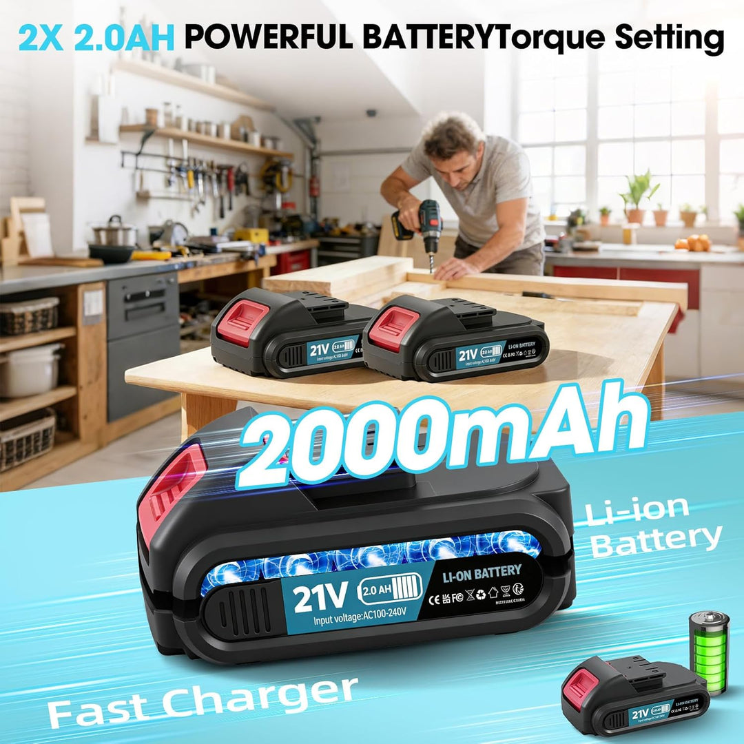 21V Akkuschrauber, Akku Bohrschrauber mit Akku 2000mAh 50Nm Drehmoment Max 25+3 Drehmomentstufen mit