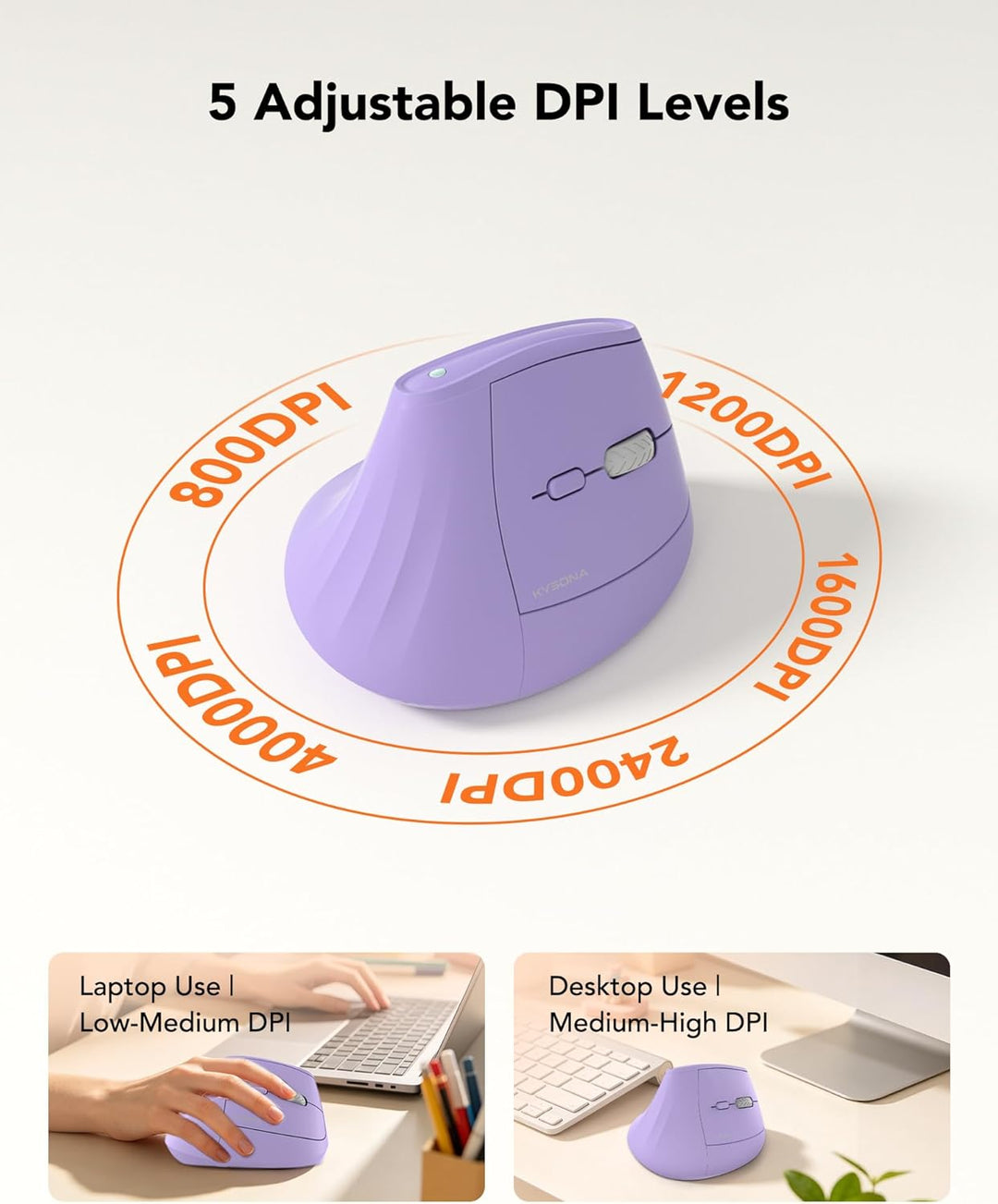 KYSONA Vertikale Ergonomische Maus 57°, Kabellos Bluetooth & 2,4 GHz, 5 DPI-Stufen, Leise Klicks, Ha