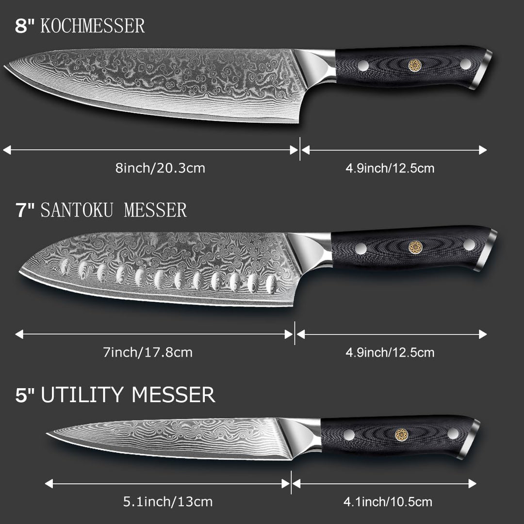 MOSFiATA Damastmesser Set 3PCS, Küchenmesserset aus VG10 Stahl - Inklusive 8" Kochmesser, 7" Santoku