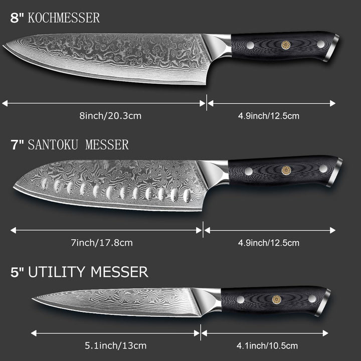 MOSFiATA Damastmesser Set 3PCS, Küchenmesserset aus VG10 Stahl - Inklusive 8" Kochmesser, 7" Santoku