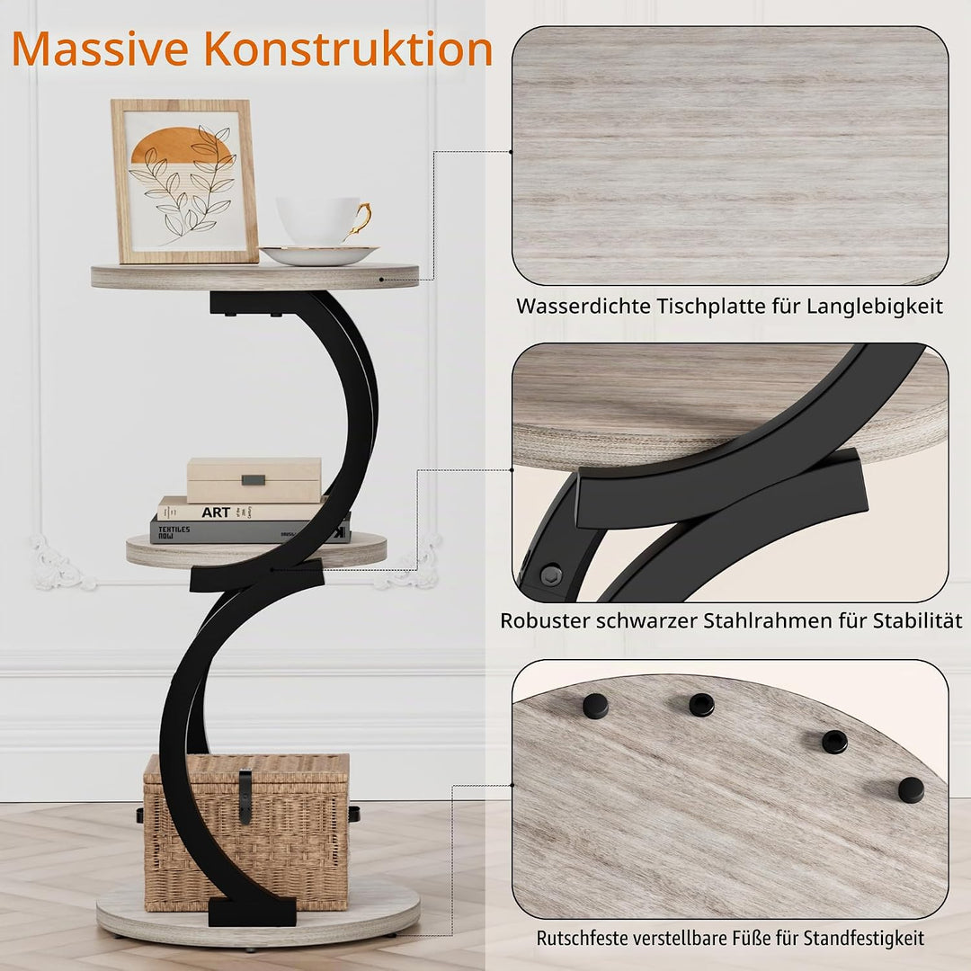 JUSTOGO Beistelltisch Rund, S-förmiges 3-stufiger Couchtisch, Kleiner Tisch Holz, Metall Nachttisch
