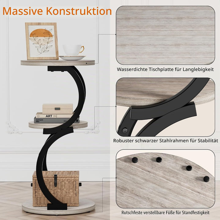 JUSTOGO Beistelltisch Rund, S-förmiges 3-stufiger Couchtisch, Kleiner Tisch Holz, Metall Nachttisch