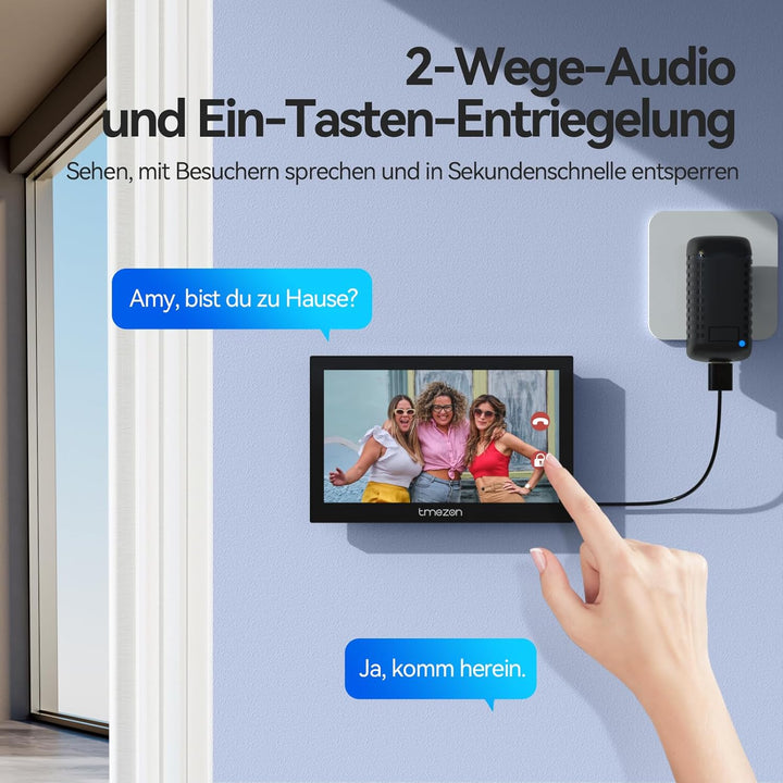 TMEZON WLAN Kabellose Video-Türsprechanlage mit 7''Touchscreen, 1080P Türklingel Kamera mit Solarbet