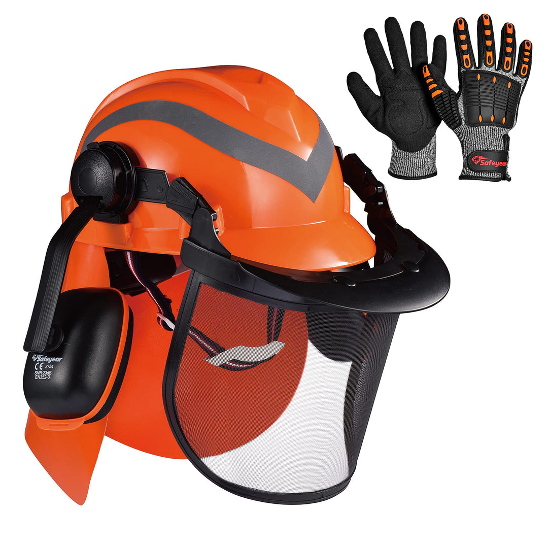 SAFEYEAR Pro Forst-Kettensägen-Schutzhelm mit verstellbaren 27SNR-Ohrenschützern und Mesh-Visier. EN