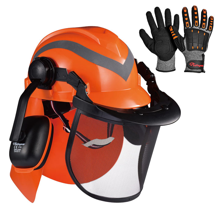 SAFEYEAR Pro Forst-Kettensägen-Schutzhelm mit verstellbaren 27SNR-Ohrenschützern und Mesh-Visier. EN