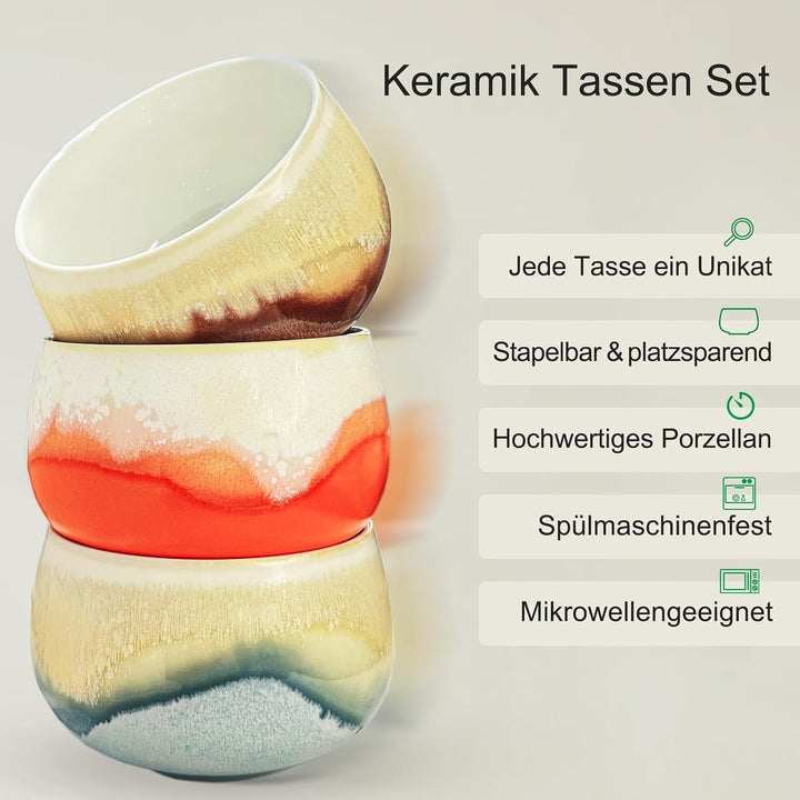 Cappuccinotassen SET 4x210ml-Weiss, Hochwertige Tassen aus Porzellan, Handgefertigte bunte Kaffeetas