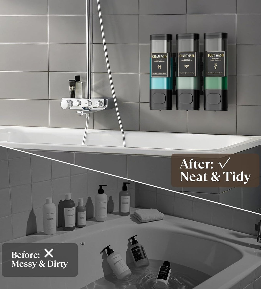 Luxspire Shampoo- und Conditioner-Spender, bohrerloser Wand-Duschseifenspender mit 3 Kammern und was