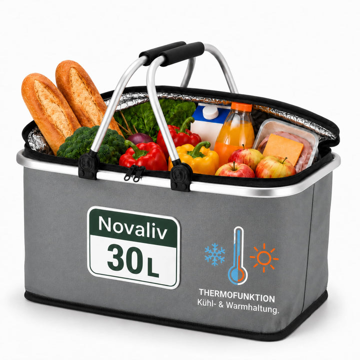Novaliv Einkaufskorb faltbar mit Kühlfunktion 30 Liter GRAU Isolierkorb mit gepolsterten Tragegriffe