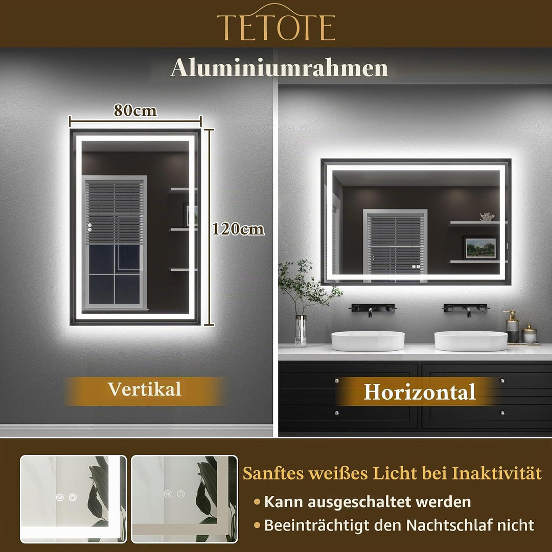 TETOTE Badspiegel mit Beleuchtung Schwarz Metallrahmen 120x80cm, Badezimmerspiegel Beleuchtet Beschl