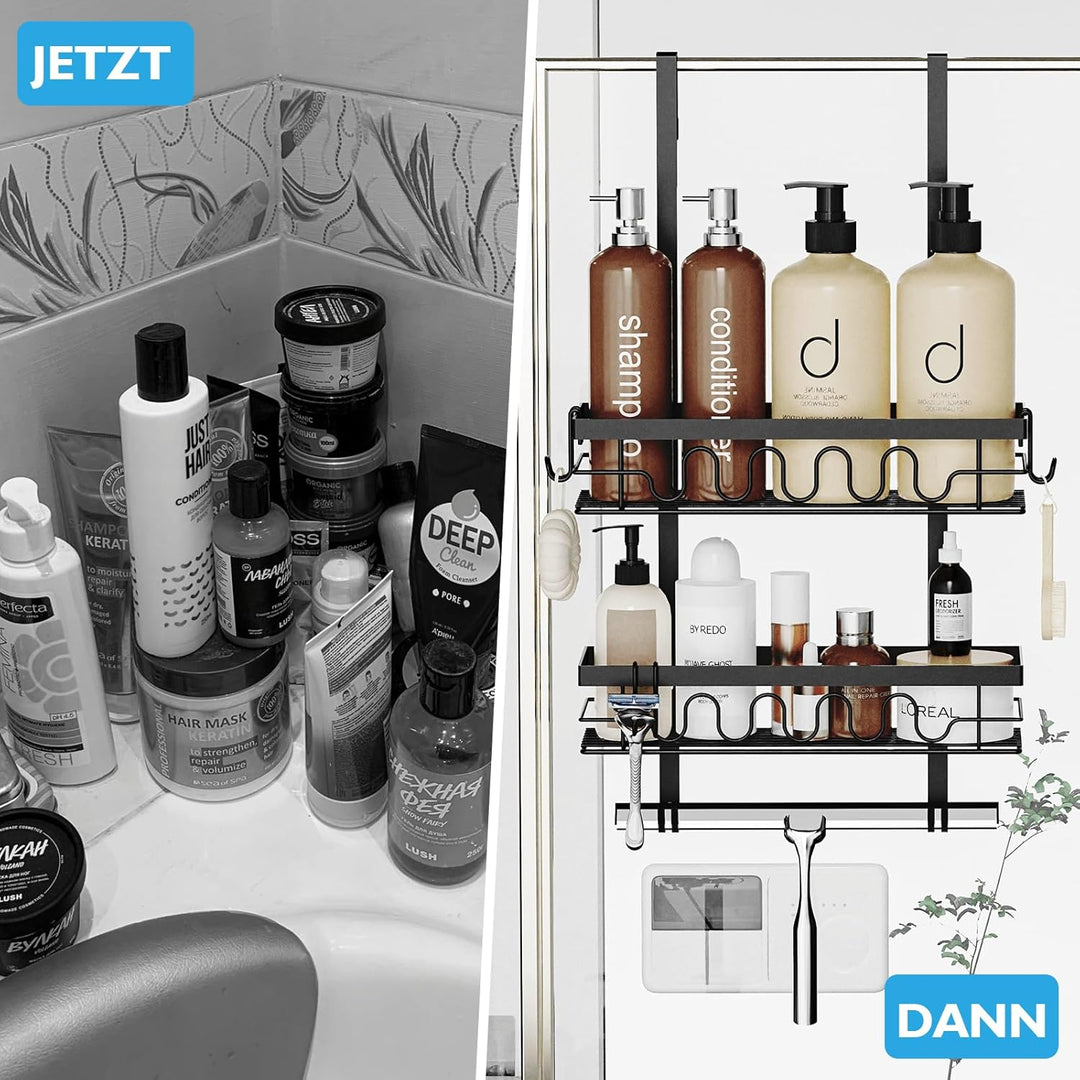 Duschablage ohne Bohren Schwarz, 3-in-1 Hängendes Duschregal für Glastüren mit 2 Körben, 4+3 Haken,