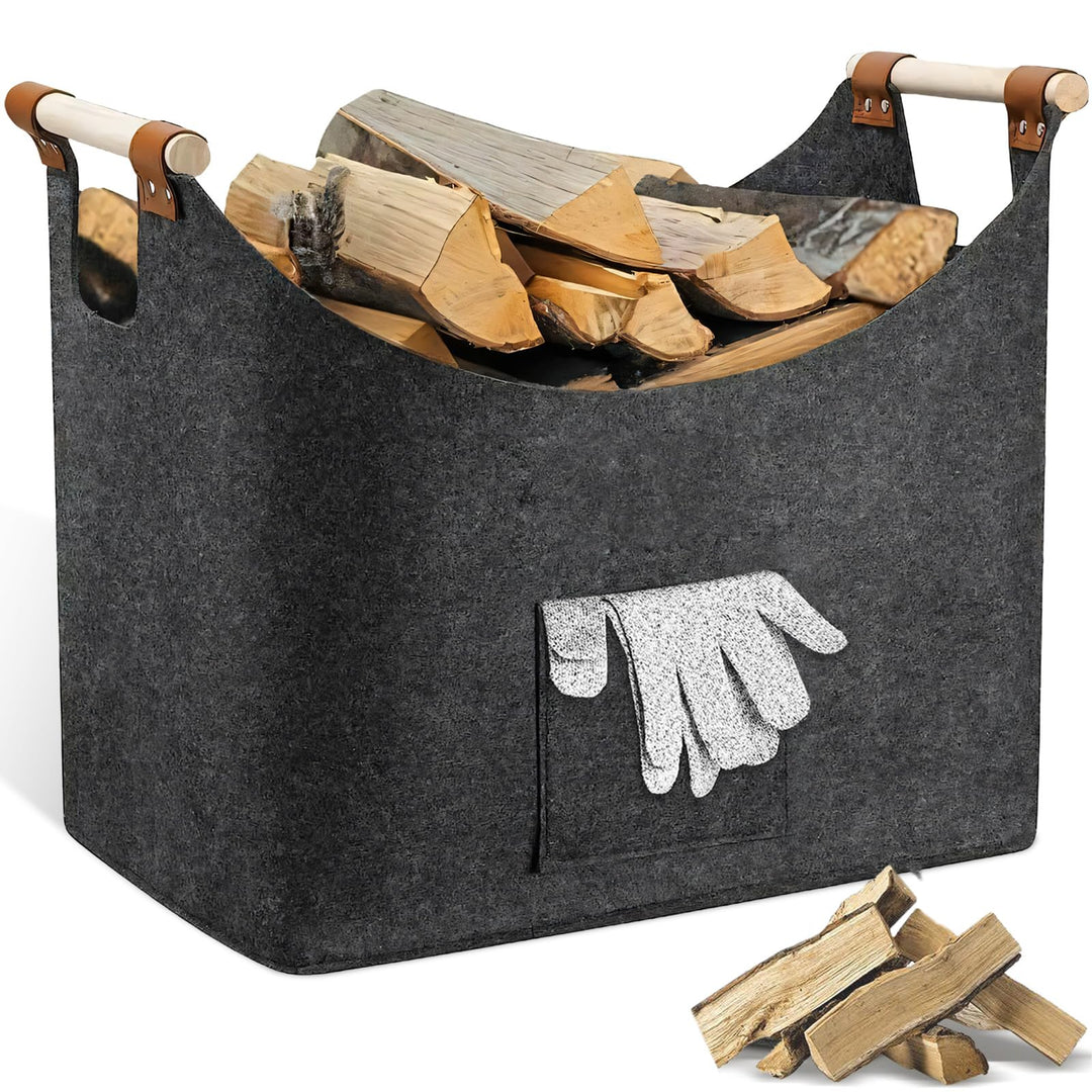 Extra Dickem Filz Kamin Holzkorb mit Verstärktem Holzgriff, Faltbarer Brennholzkorb Filztaschen, Dun