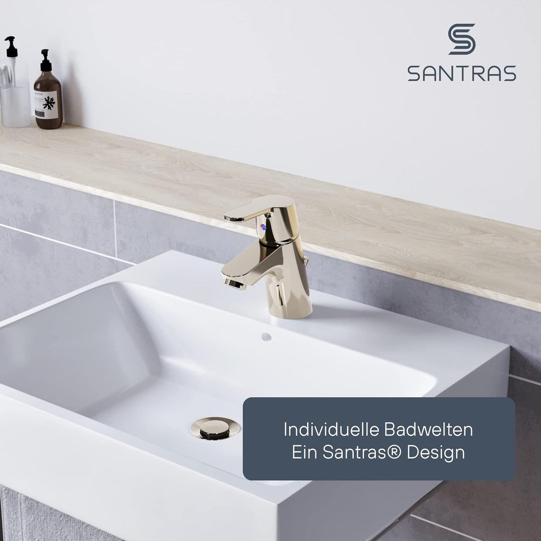 SANTRAS® Exzenter Ablaufgarnitur PREMIUM für Waschtisch mit Schutz vor Überlauf in Edelmessing – Kom