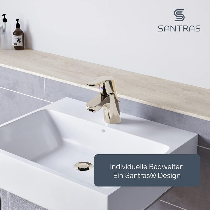 SANTRAS® Exzenter Ablaufgarnitur PREMIUM für Waschtisch mit Schutz vor Überlauf in Edelmessing – Kom