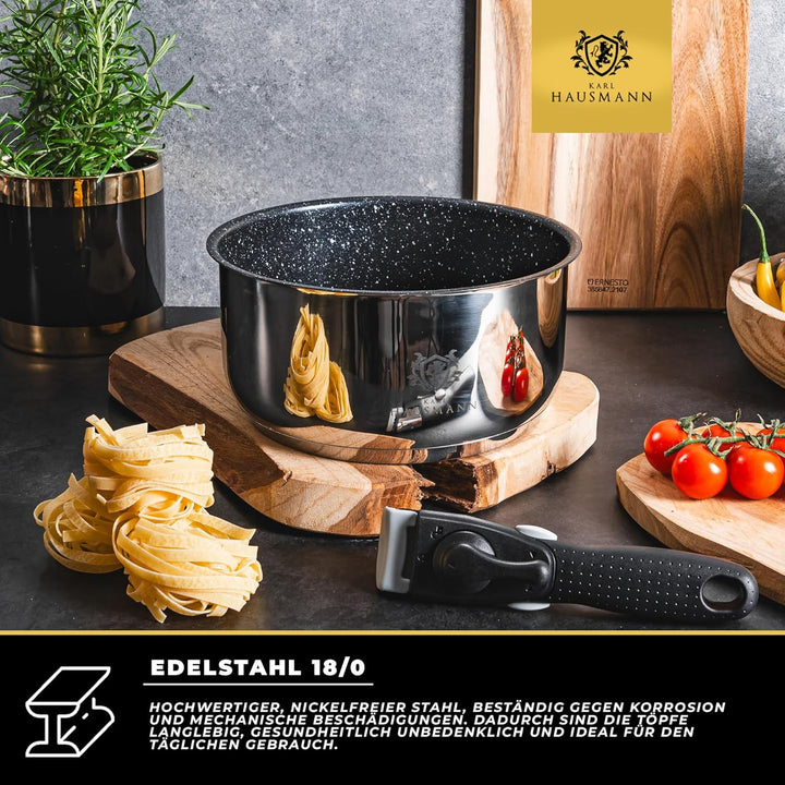Topfset Induktion mit Abnehmbarer Griff - 3-Teilig - Edelstahl Kochtöpfe für Alle Herdarten - Kochto