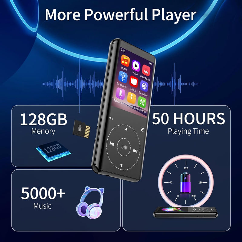 64GB MP3 Player Bluetooth 5.3, HiFi Musik Lossless Sound, Metallgehäuse Built-in HD Speaker，Touch-Ta