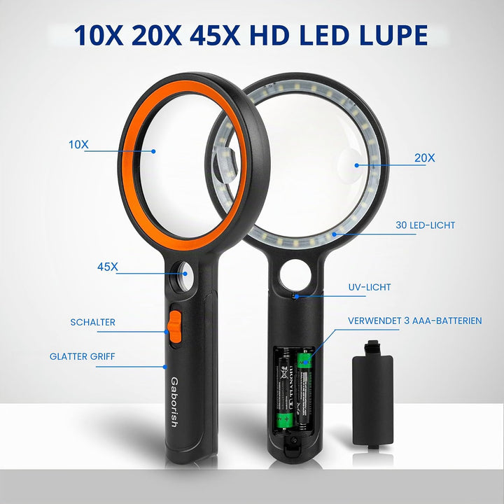 GABORISH Lupe mit Licht, 10X 20X 45X Handlupe mit Licht, Magnifying Glass mit 30 LED und 1 UV, Vergr