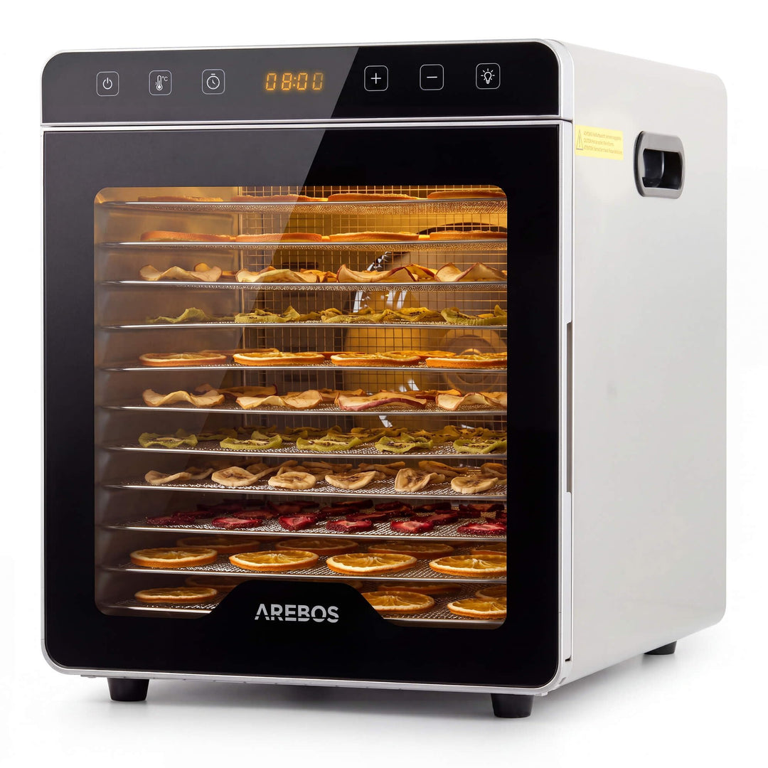 Arebos Dörrautomat Edelstahl 800W | Dehydrator mit 12 Gittern & 29L | Dörrgerät für Obst, Gemüse, Kr