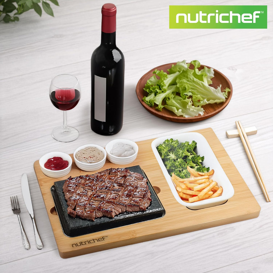 NutriChef Heisser Stein Grillplatte – Tischgrill-Set mit Bambus und Keramik Ideal für Steak und Dinn