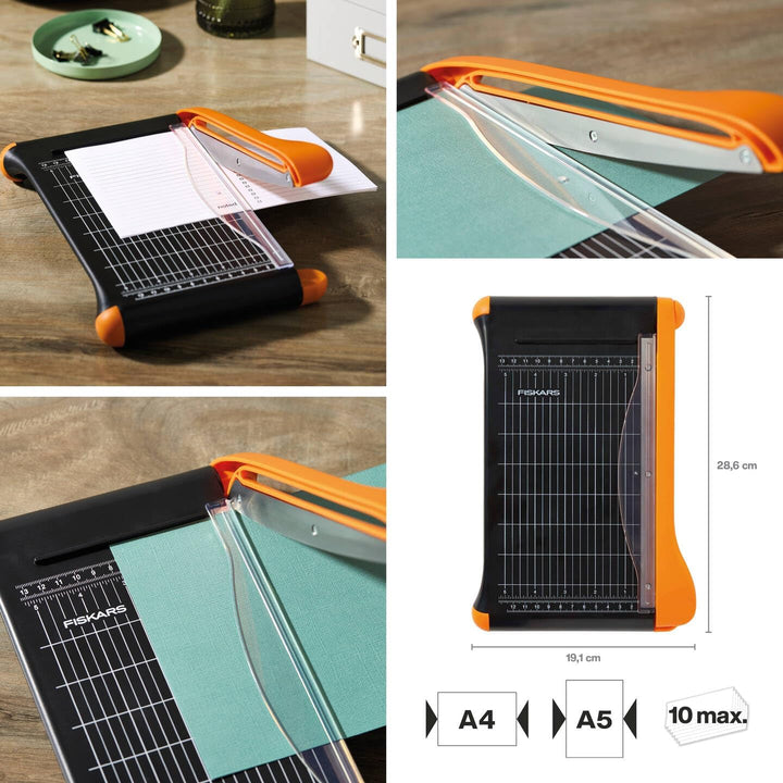 Fiskars Hebel-Papierschneidemaschine, A5-Hochformat, A4-Querformat, Selbstschärfende Klinge, Mit Fin
