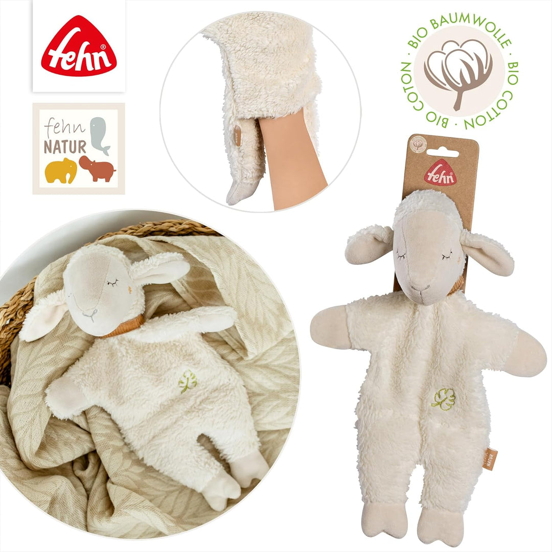Fehn Handpuppe Schaf NATUR – Spielkamerad, Einschlafhilfe, Handpuppe & Stofftier-Schnuffeltuch mit B