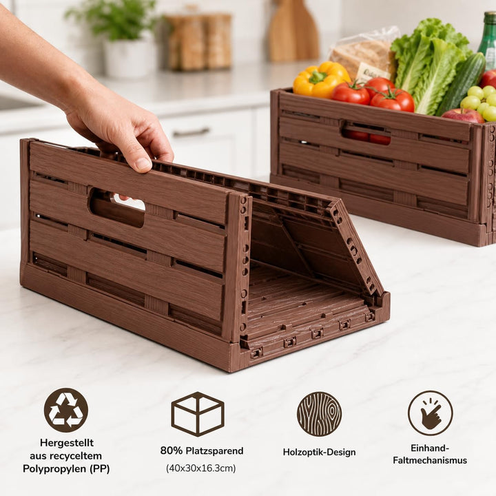 Bestlivings Stabile Faltbox 2er Pack Holzdesign 40 x 30 x 16,3cm ( LxBxH ) Stapelbarer Faltbarer Ein