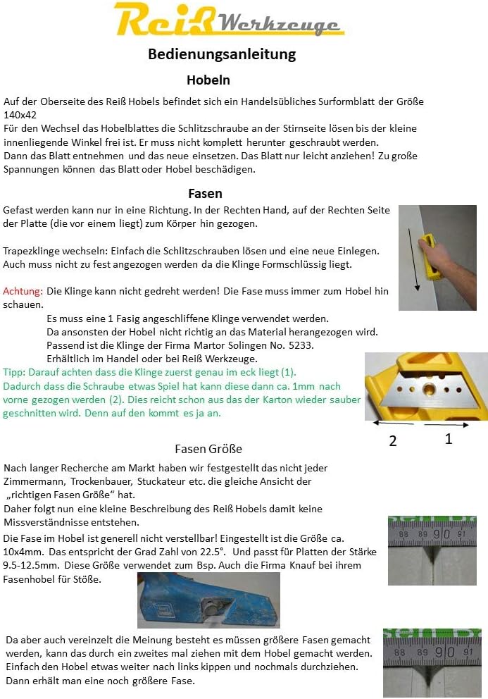 Reiss Rigips Kantenhobel, Fasenhobel, Gipskartonhobel und kleiner Handhobel inkl. 5 Ersatzklingen