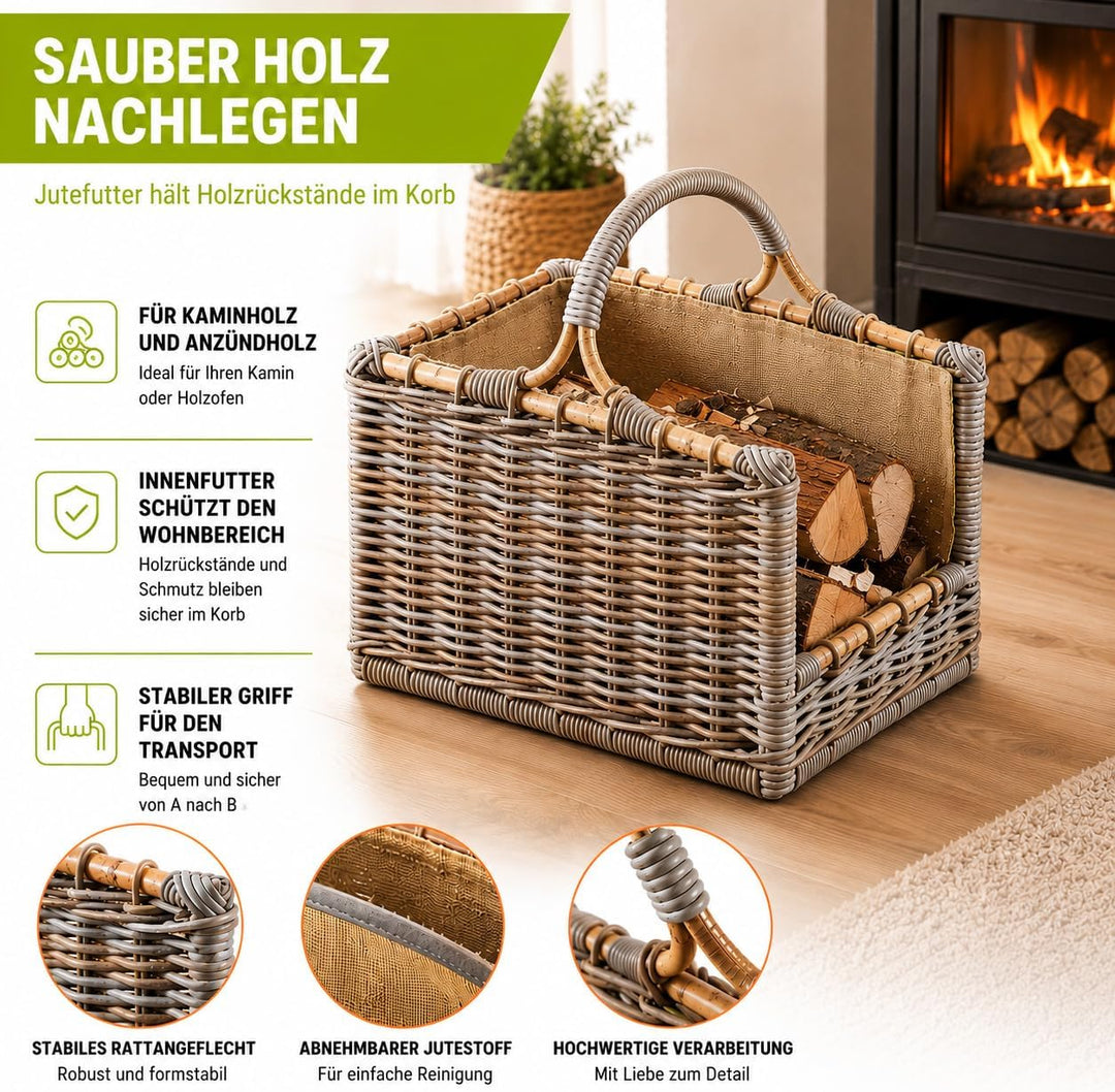 Kobolo Kaminholzkorb Holztrage Rattan grau mit abnehmbarem
