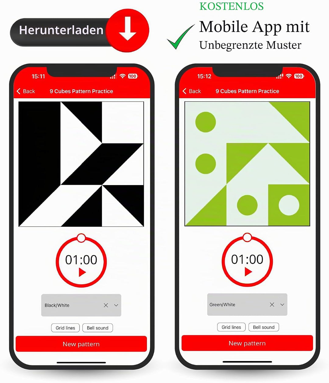 PrfcNL IQ-Testwürfel (Grün) – 9 Würfel für Blockdesign, WAIS IV- und WISC V-Testvorbereitung
