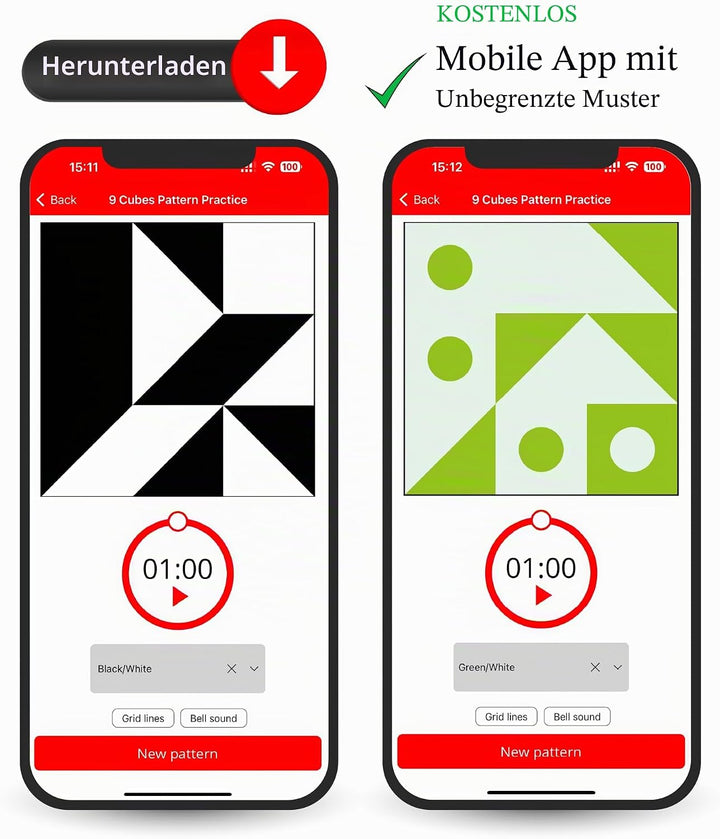 PrfcNL IQ-Testwürfel (Grün) – 9 Würfel für Blockdesign, WAIS IV- und WISC V-Testvorbereitung