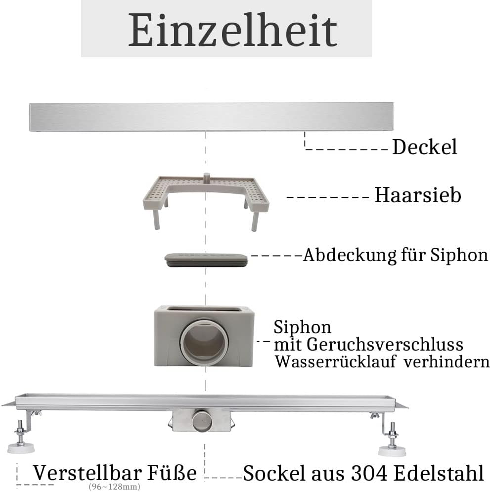 Duschrinne 30 cm Komplettset, Edelstahl Ablaufrinne, Extra flache befliesbare Duschrinne mit Haarsie