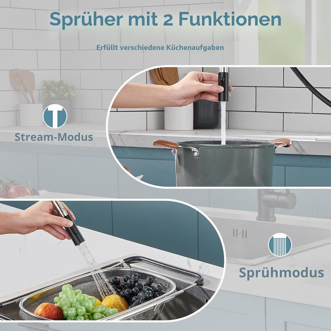 Küchenarmaturen wasserhahn küche,ausziehbar 360° Drehbar 2 Sprühfunktionen, Edelstahl küche wasserha
