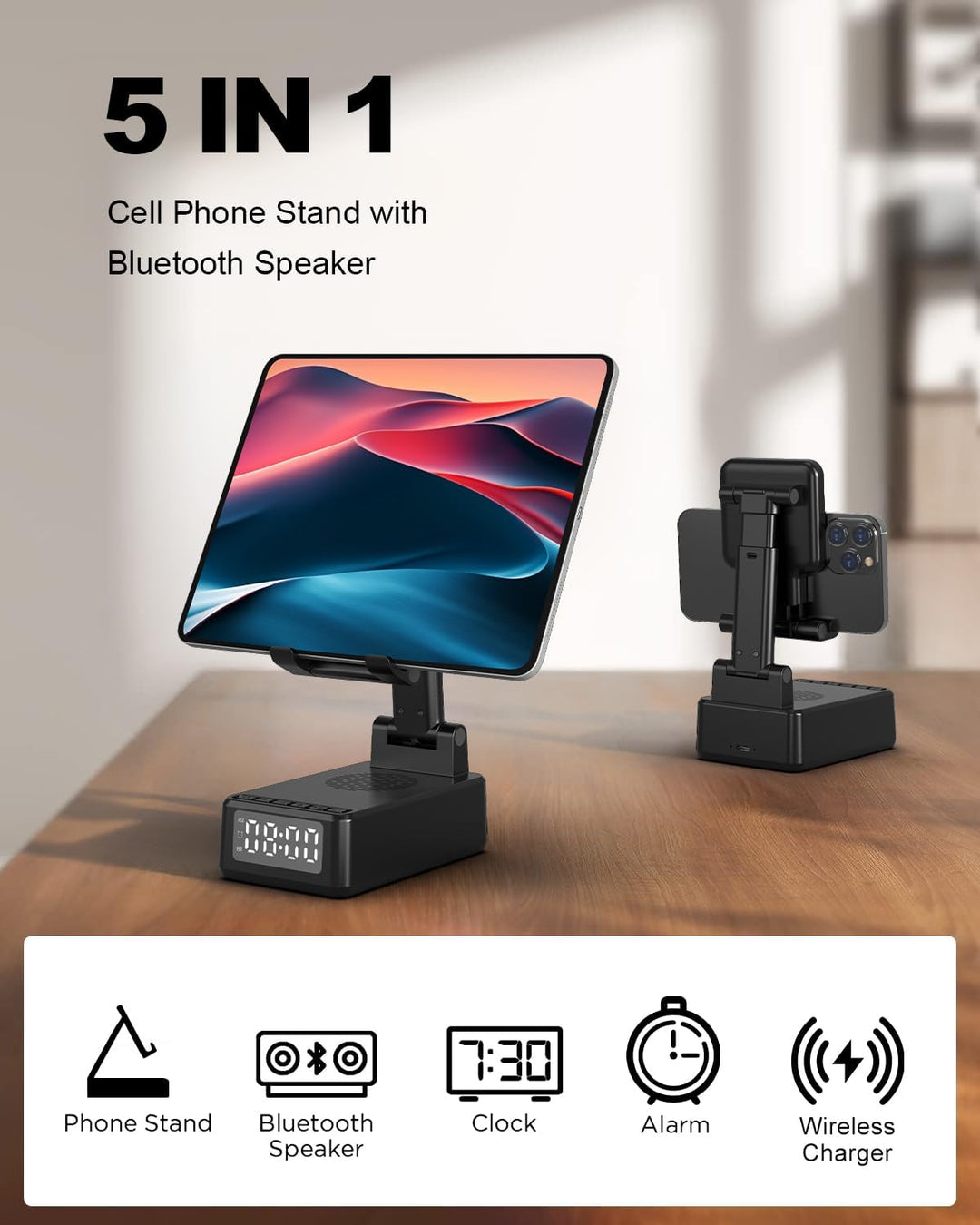 Bluetooth Lautsprecher mit Faltbarer Handyhalterung, 6-in-1 Tragbarer Musikbox, Handy Ständer mit We