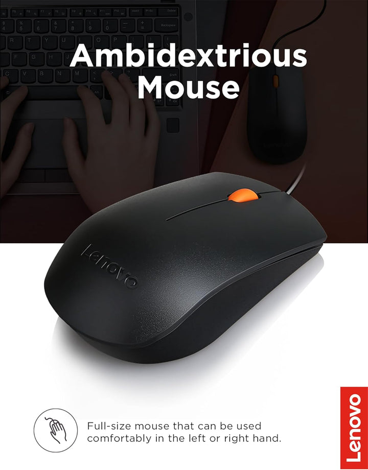 Lenovo 300 USB Combo, Full-Size Wired Tastatur & Maus, Ergonomische, Links- oder Rechtshänder, Optis