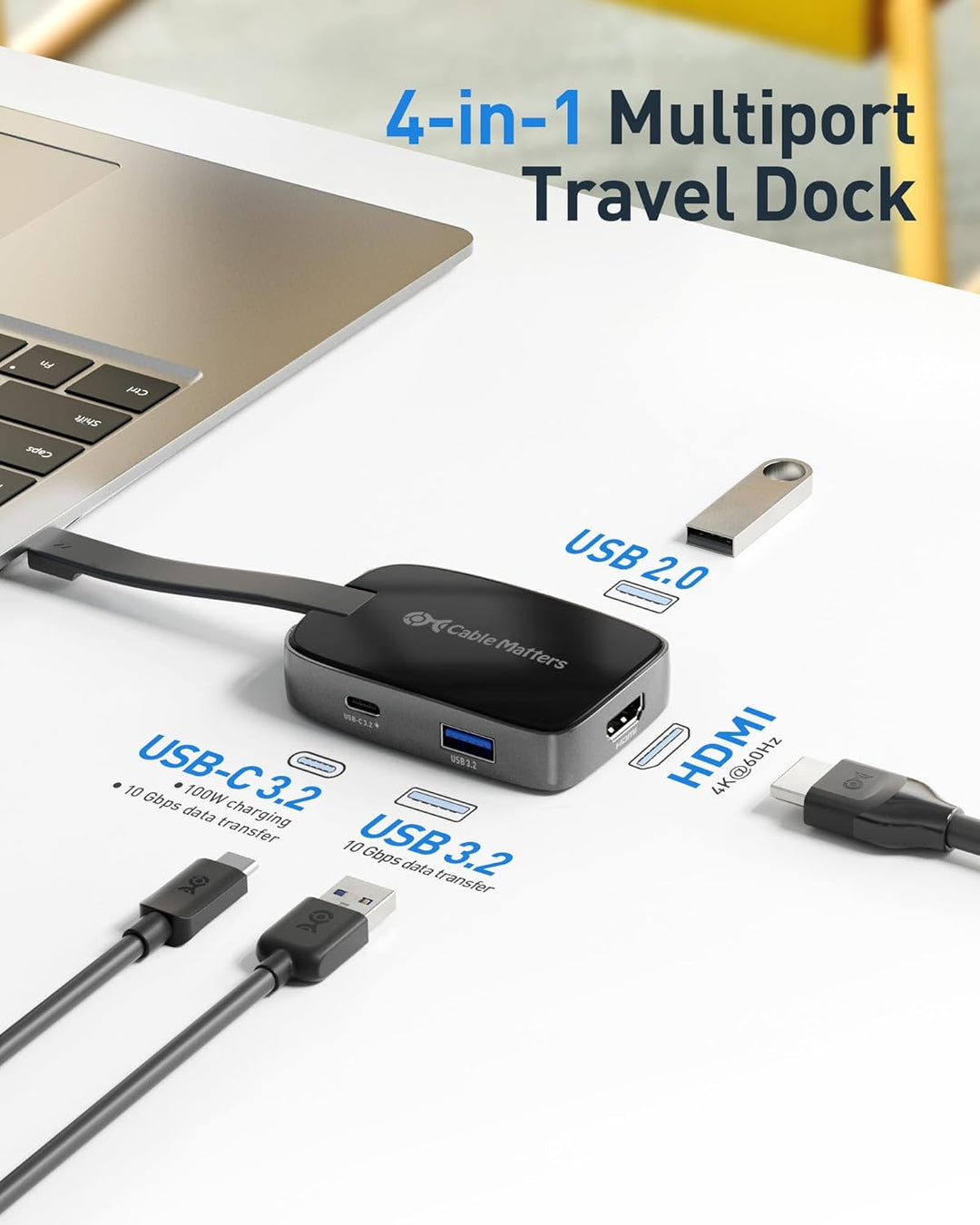 Cable Matters Portabler 4-in-1 USB C Hub HDMI 4K 60Hz 100W Laden, 10G USB-A, USB-C (klappbarer USB C