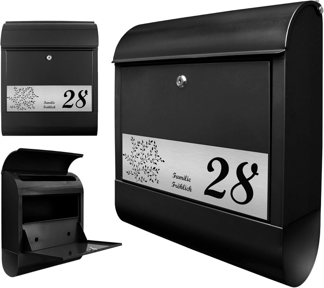 banjado® Briefkasten personalisiert mit graviertem Namensschild in Silber/Briefkasten schwarz 39x47x