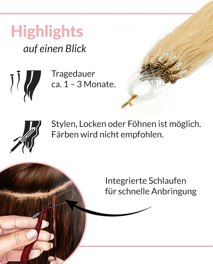 hair2heart Microring Extensions Echthaar glatt - 150 Strähnen 0.5g 60cm 9/31 lichtblond Gold Asch 60
