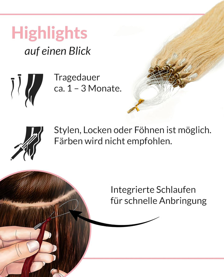 hair2heart Microring Extensions Echthaar glatt - 150 Strähnen 0.5g 60cm 9/31 lichtblond Gold Asch 60