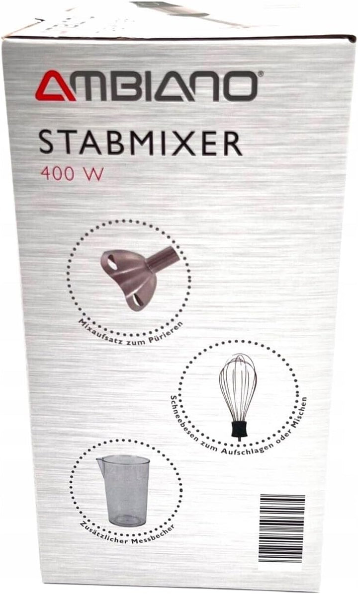 Stabmixer Edelstahl - Pürierstab elektrisch GS-Zeichen, inkl. Schneebesen & Messbecher, 400 Watt Lei