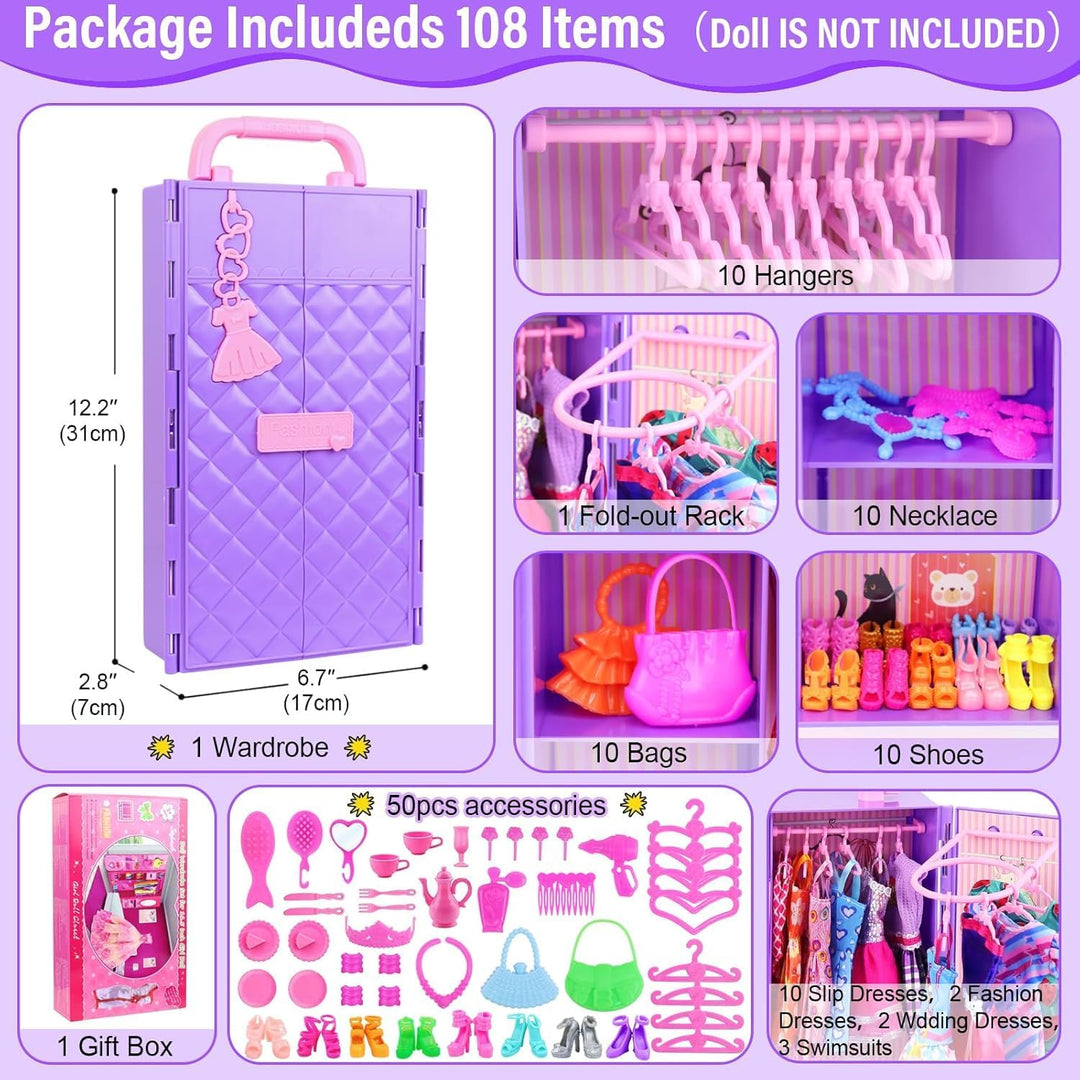 108 Stück Kleidung und Zubehör mit kleiderschrank für Puppen 29cm und 11,5 Zoll Beinhaltet Hochzeits