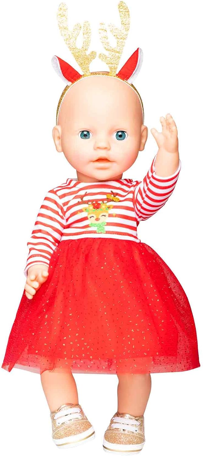 Heless 2151 - Weihnachts-Kleid für Puppen im Design Rentier Rudi, inklusive Haarband mit prachtvolle